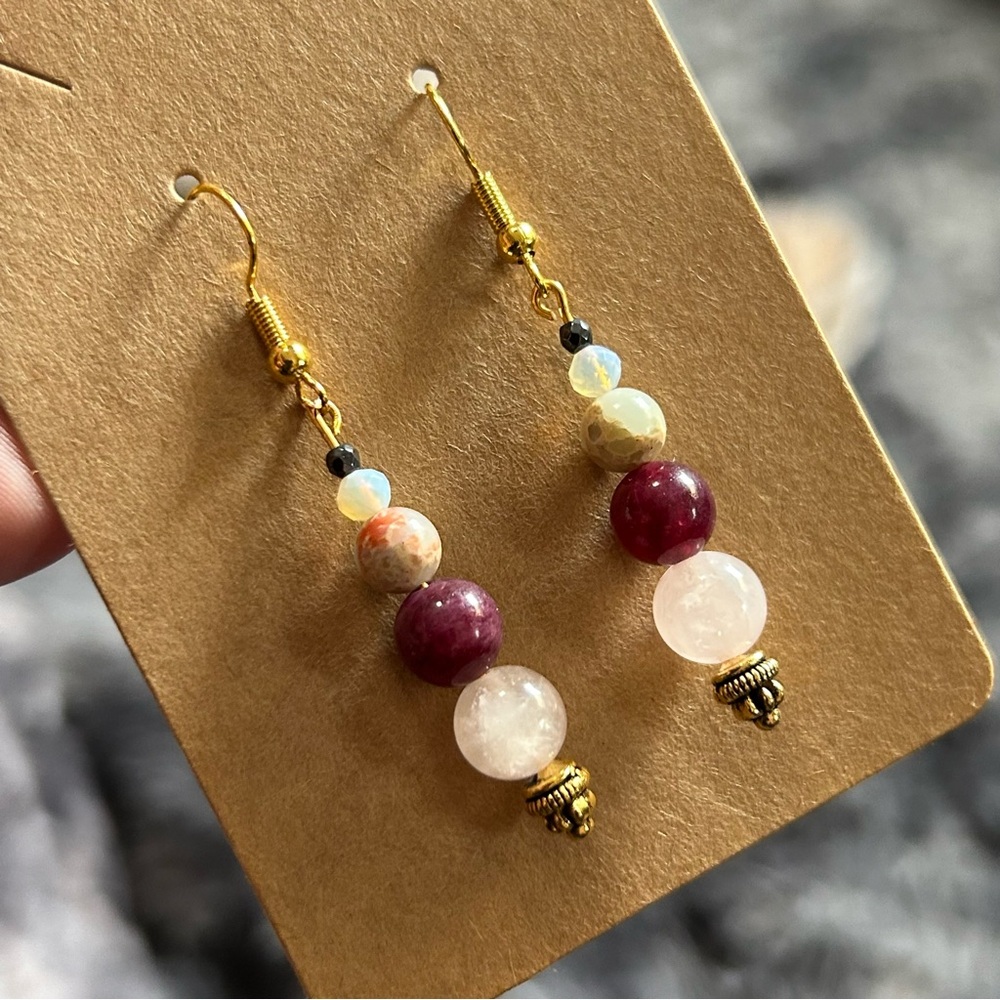 Handcrafted elegant genuine stone quartz opalite faceted hematite earrings